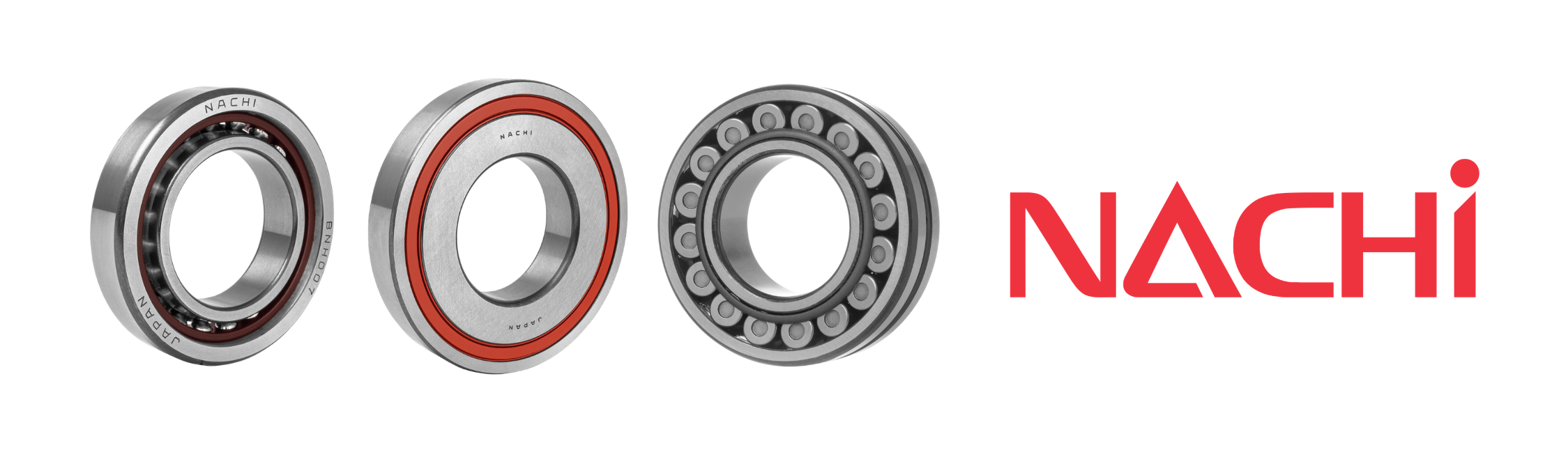 NACHI precision angular contact ball bearing, ball bearing with red rubber seals, and spherical roller bearing, alongside the red NACHI logo